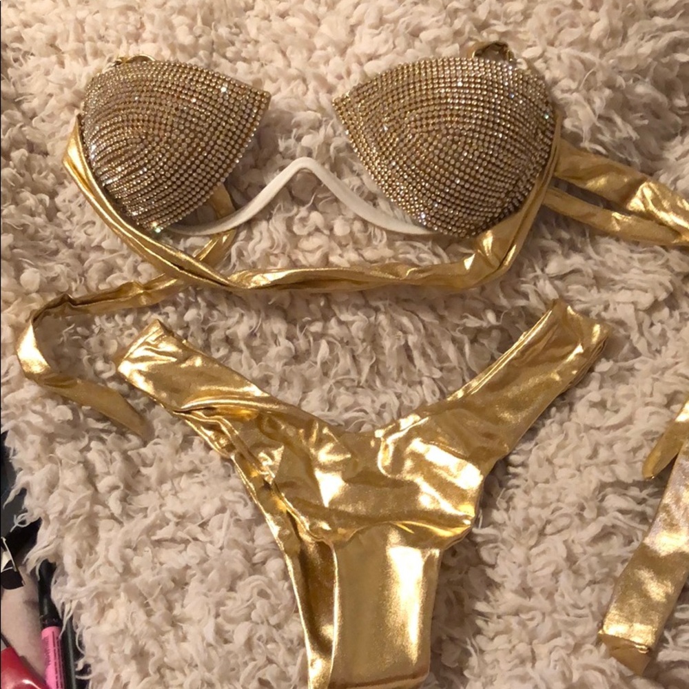 NWOT Rhinestone encrusted crystal gold bikini set
